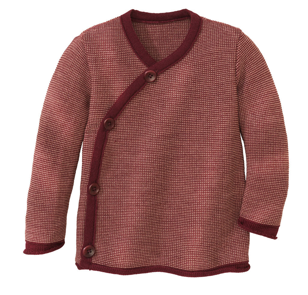 Maglioncino aperto a kimono in lana merino bio 0-3 anni // mélange cassis-rosé